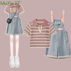 New Women Daily Stripe Short T Shirts Denim Overall Short Pants 1 or 2 Piece Set Korean Girls Sweet Pink Tops Jeans Suits 2023