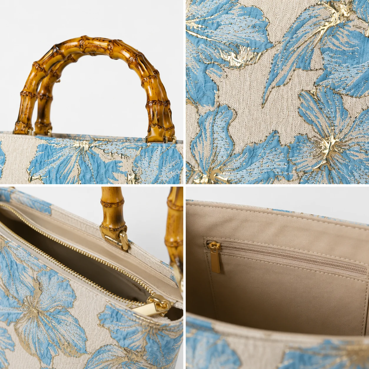 Damen-Tragetasche mit Blumenmuster, Bambusgriff, große Kapazität, Strandhandtasche, lässige, leichte Umhängetasche – Detail 3