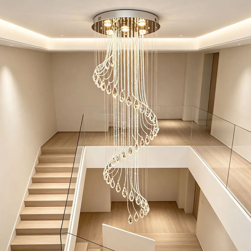 Modern Long Water Drop Crystal Chandelier Spiral Staircase Ceiling Light For Villa Loft Foyer High Ceiling Decor