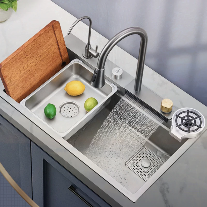 

New Rainfall Waterfall Single Slot Kitchen Sink 3mm Thickened Wash Basin Bowl Kitchen Sink Topmount Faucet Drain