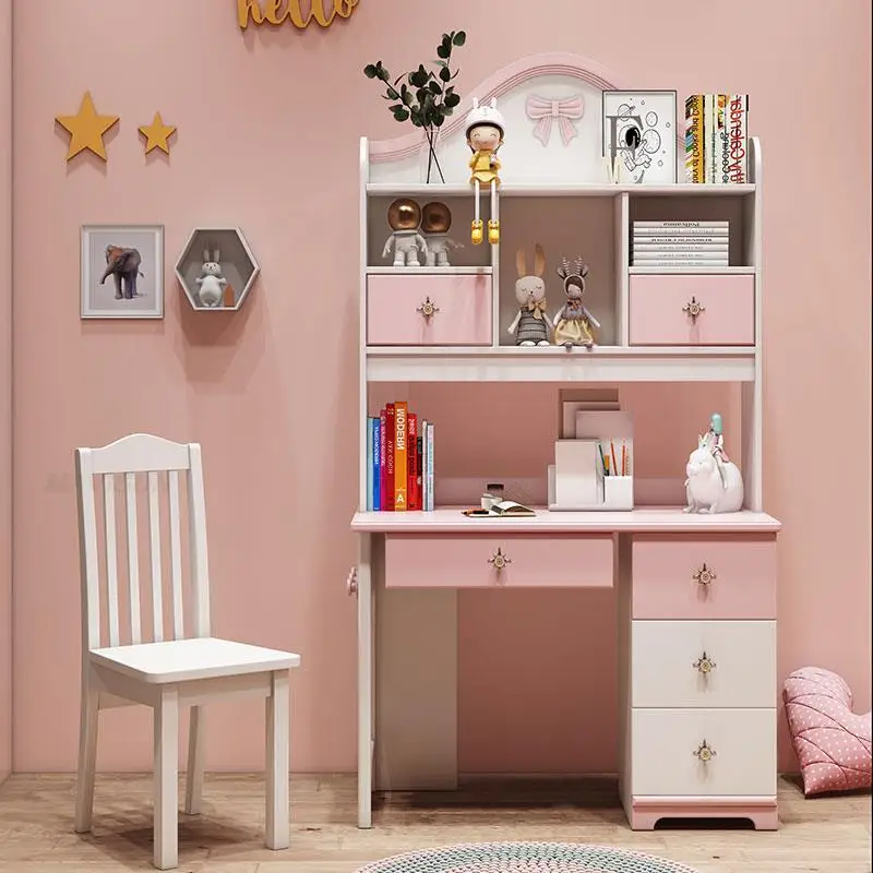 Pink L-Shape Children’s Desk &Chair Set Large Storage Drawers Versatile Computer Table Legs Girl Kids Wood Desk with Bookshelf