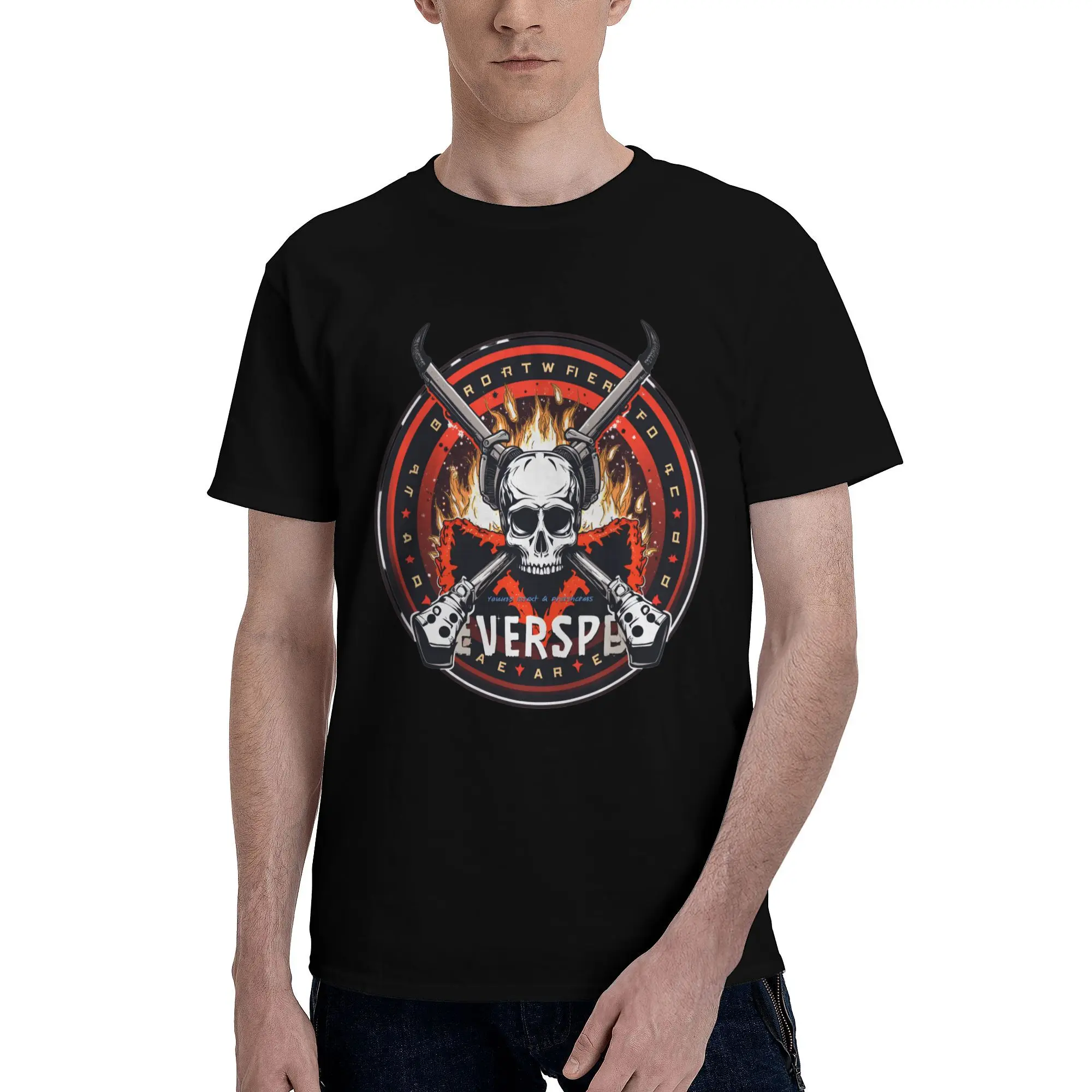 Skull Headphones Between Crossed Guns Surround By Flames T-Shirt Men Cotton Tee Shirt O Neck Short Sleeve T Shirt Gift Clothing