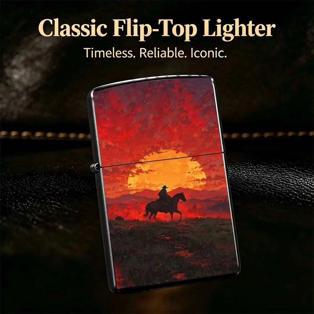 Pocket Lighter, Cowboy on Horse in Field at Sunset Painting Print, Anti-Slip Grip, Portable Flip-Top Design, Durable Metal Shell, Windproof Flame for Outdoor & Daily Use