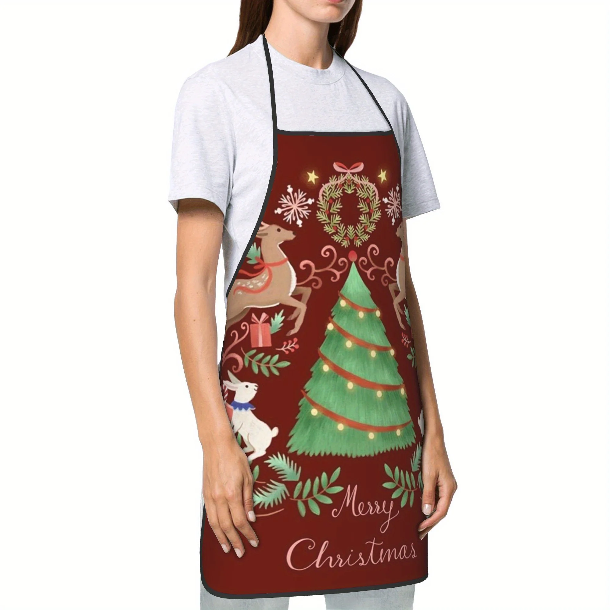 1pc Extra Long Christmas Apron - Burgundy with Green Garland, Golden Snowflakes, Reindeer Merry Christmas Text
