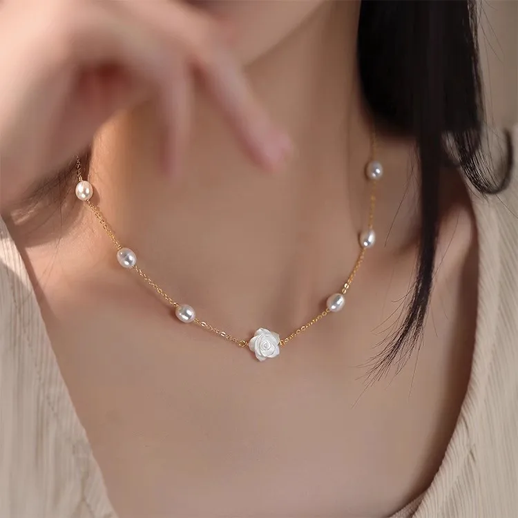 Neue Ankunft Süße Rose Blume Natürliche Süßwasser Perle 14K Gold Gefüllt Weibliche Kurze Kette Halskette Schmuck Hochzeit Geschenke Billig – Detail 6