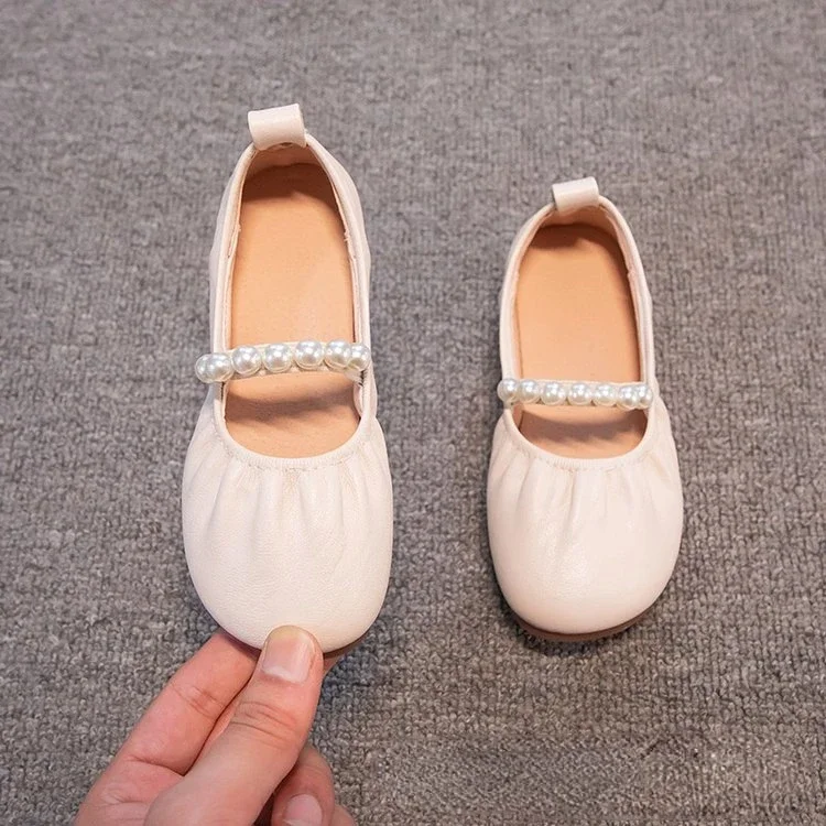 

Girls Casual Flats Kids Simple Pearl Leather Shoes with Pleats for Party Wedding Children Princess Shoes Elegant Temperament