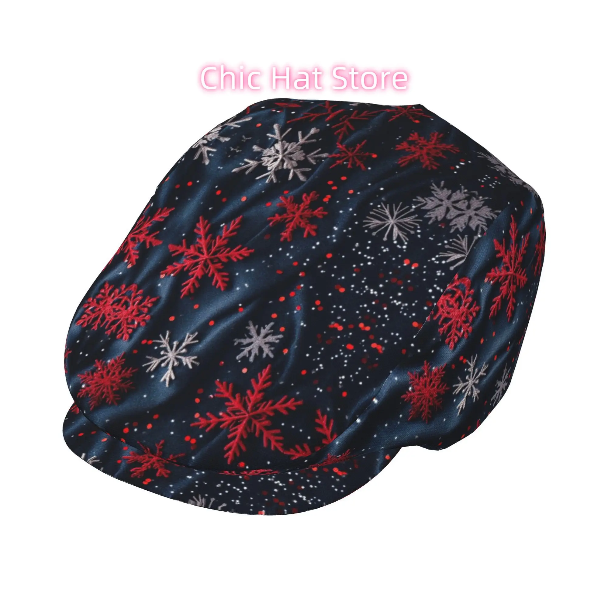 1pc Red Silvery Snowflake Festive Scatter All-over Print Flat-top Hats for Men and Women, Newsboy Caps, Berets, Irish Hats, Driv