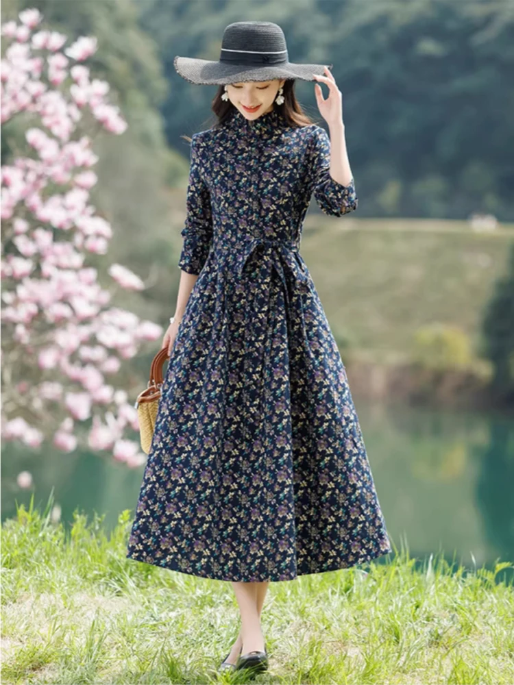 

NYFS 2026 Весна Новое винтажное женское платье с цветочным принтом, свободное, из чистого хлопка, с длинными рукавами, длинное платье