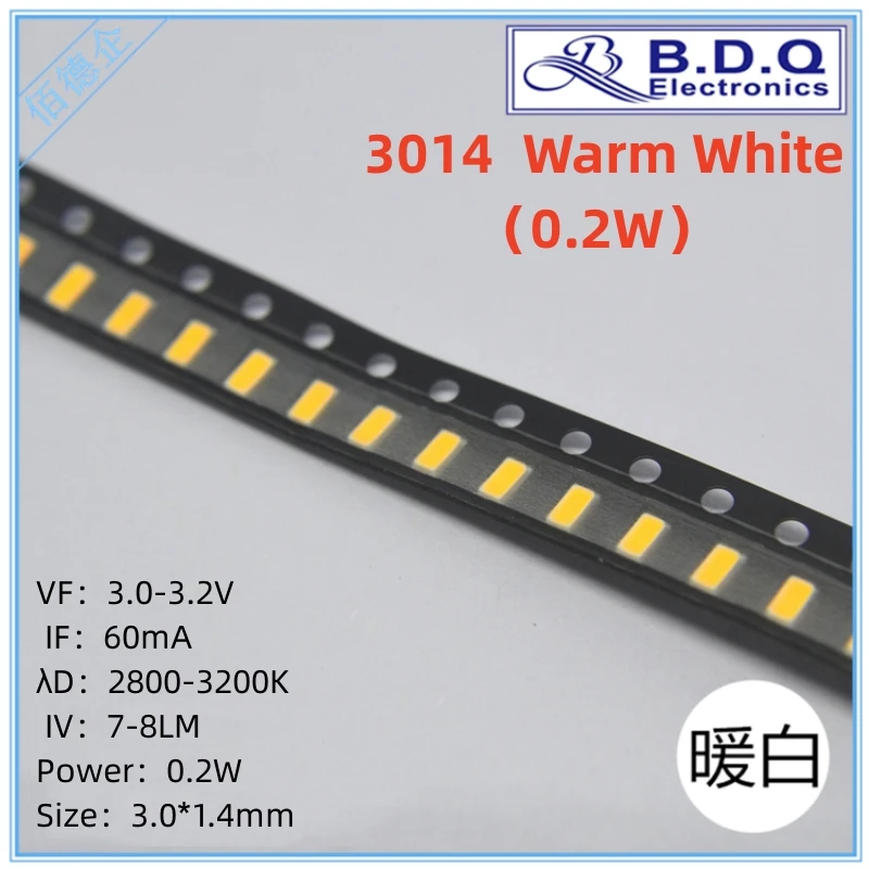 

3014 Warm White 0.2W 2800-3200K LED Lamp Beads SMD LED Light Size 3014 Light-emitting Diode High Bright Quality 100pcs