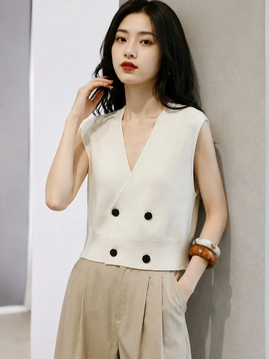 Fashionable V-Neck Knitted Vest Sleeveless Women's Style Elegant Youthful Appearance 2026 Autumn New Arrival Poet Lin Brand