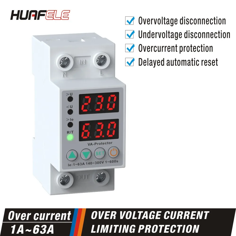 Household DIN Rail Adjustable Digital Dual Display Overcurrent Protector Limit with Current Limiting AC 230V 40A 63A