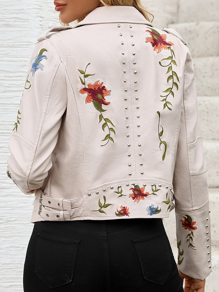 Ailegogo Spring Autumn Women Floral Print Embroidery Rivet Faux Leather Jacket Streetwear Female Vintage Zipper Coat Outwear