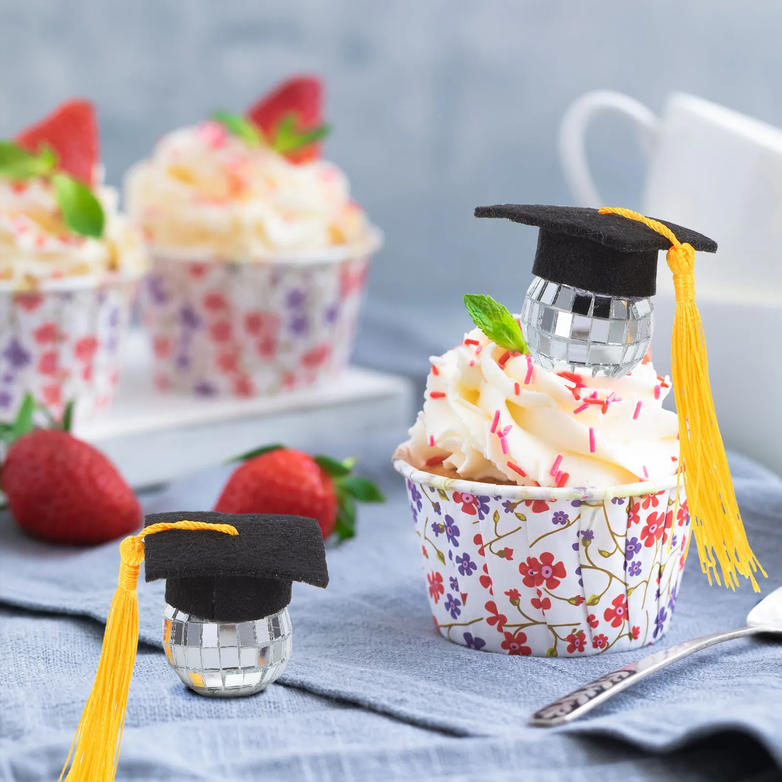 10Pcs Graduation Disco Cap Cupcake Toppers Tassel Grad Hat Cake Decor Ideal for Kindergarten to Phd Celebrations Cupcake Grad view 2