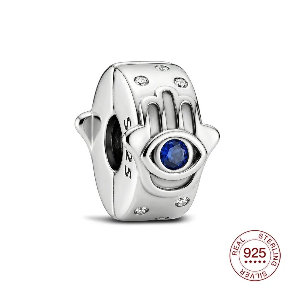 925 Sterling Silver Hamsa Hand Evil Eye Charm Blue Zircon & CZ Pave Bead Fit Original Bracelets Lucky Jewelry Gifts For Women
