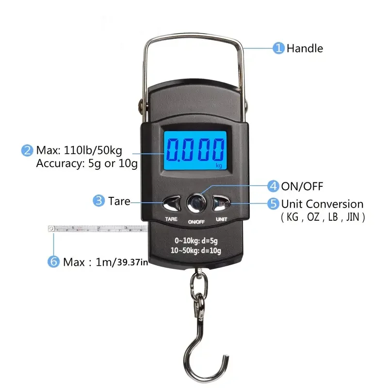 Waga wędkarska z haczykiem, miarką i wyświetlaczem LCD, wykonana z materiału ABS, cztery jednostki pomiarowe, do ważenia bagażu.
