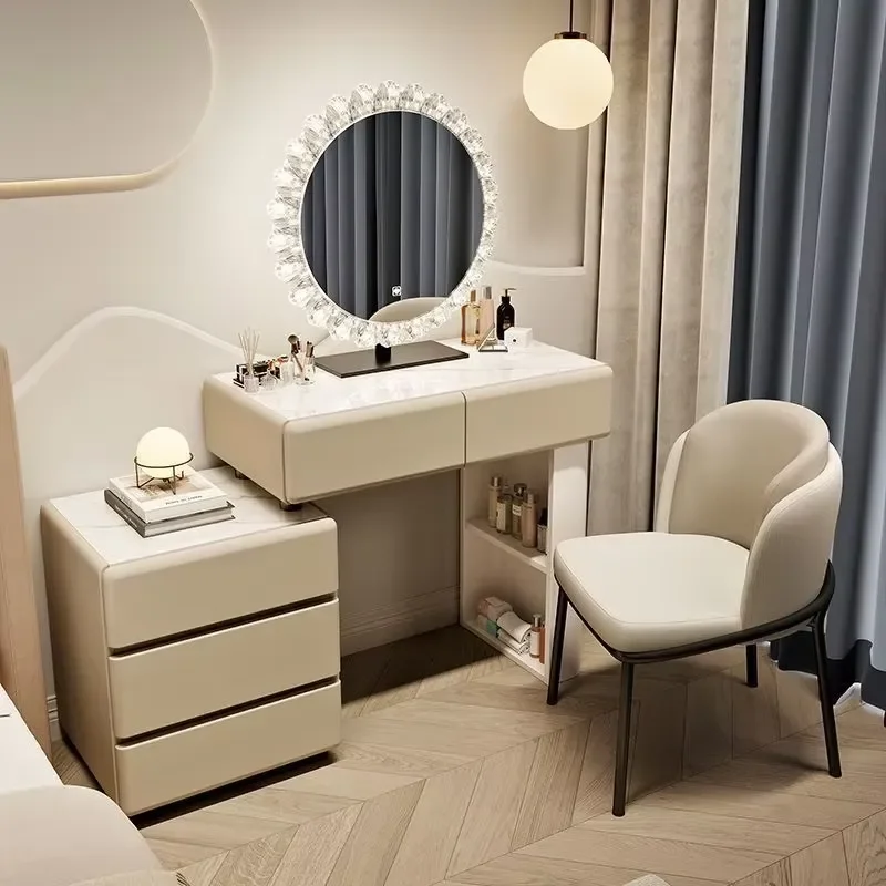 Elegant Crystal-Accented Dressing Table, LED Mirror Vanity Desk for Modern Bedrooms, White Makeup Station with Stool Set