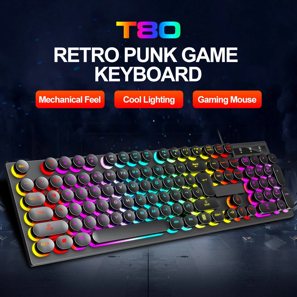 

T80 Wired Keyboard Computer Office Accessories USB Wired Gaming Keyboard RGB Backlit Laptop Retro Round Keycap 104 Key Standard