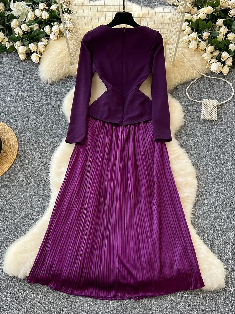 TWOTWINSTYLE Elegant Patchwork Appliques Dress For Women V Neck Long Sleeve High Waist Spliced Pleated Dresses Female KDR517623