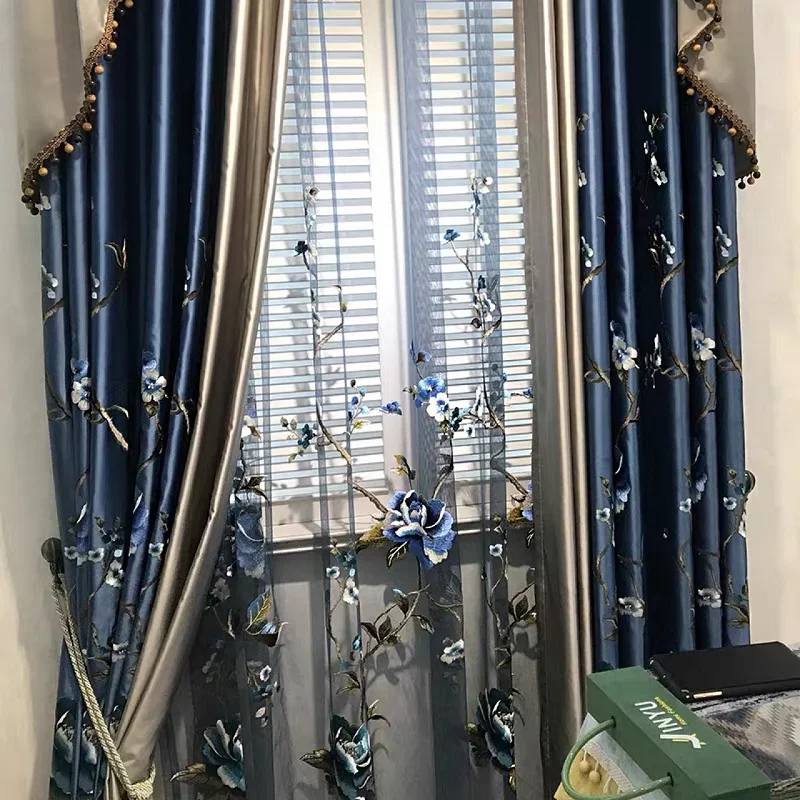 Curtains for Living Dining Room Bedroom New Chinese Luxury Red Blue Peony High Shading Precision Embroidered Windows Door Custom