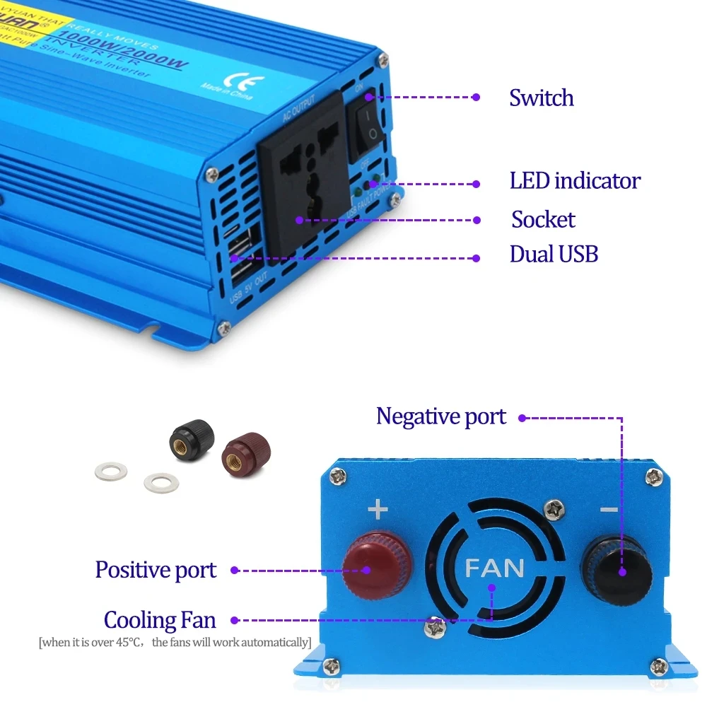 1000W/2000W Pure Sine Wave Power Inverter DC 12V/24V To AC 110V/230V Car Converter 3.1A  Dual USB EU/US//UK/AU/Universal Socket