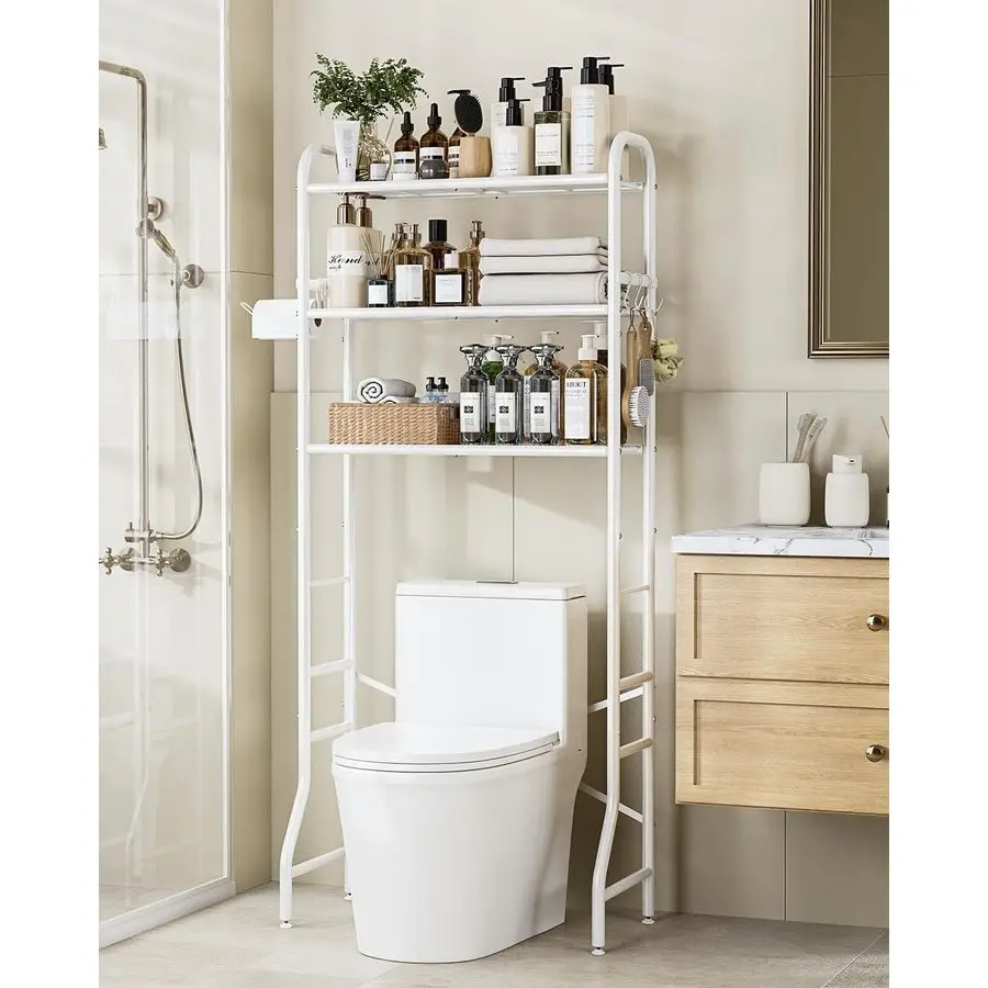 

The Toilet Storage Rack, 3Tier Metal Bathroom Organizer with Hooks, Over The Toilet Storage Cabinet, Space Saver Shelf for Bath