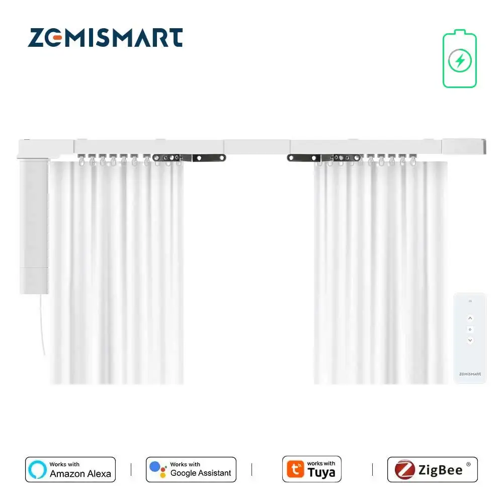 Zemismart Zigbee Rechargeable Electric Curtain Motor with Customized Slide Curtain Track Works with Tuya Alexa Google Home