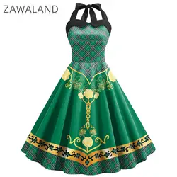 Zawaland Women Dress Halterneck Green Clover Printed Dresses Sleeveless Sexy Cosplay Costume St. Patricks Day Holiday Clothes