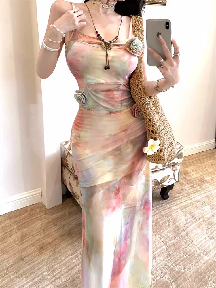RORORIRI Y2k Oil Painting Floral Camisole Long Dress Women Desire Cut-out Tie Dye Mesh Bodycon Mermaid One-piece Holiday Clothes