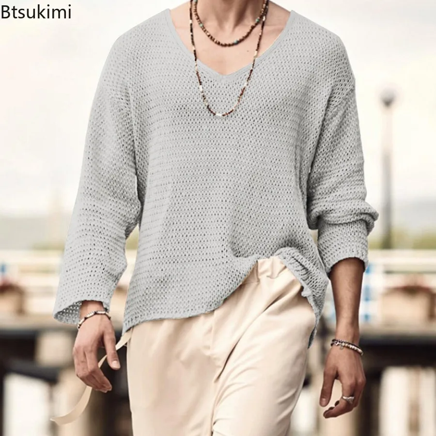 Fashion V Neck Thin Sweaters 2025 Men's Solid Long Sleeve Knitted Pullover Casual Vintage Streetwear Spring Hollow Out Tops Male - Image 2
