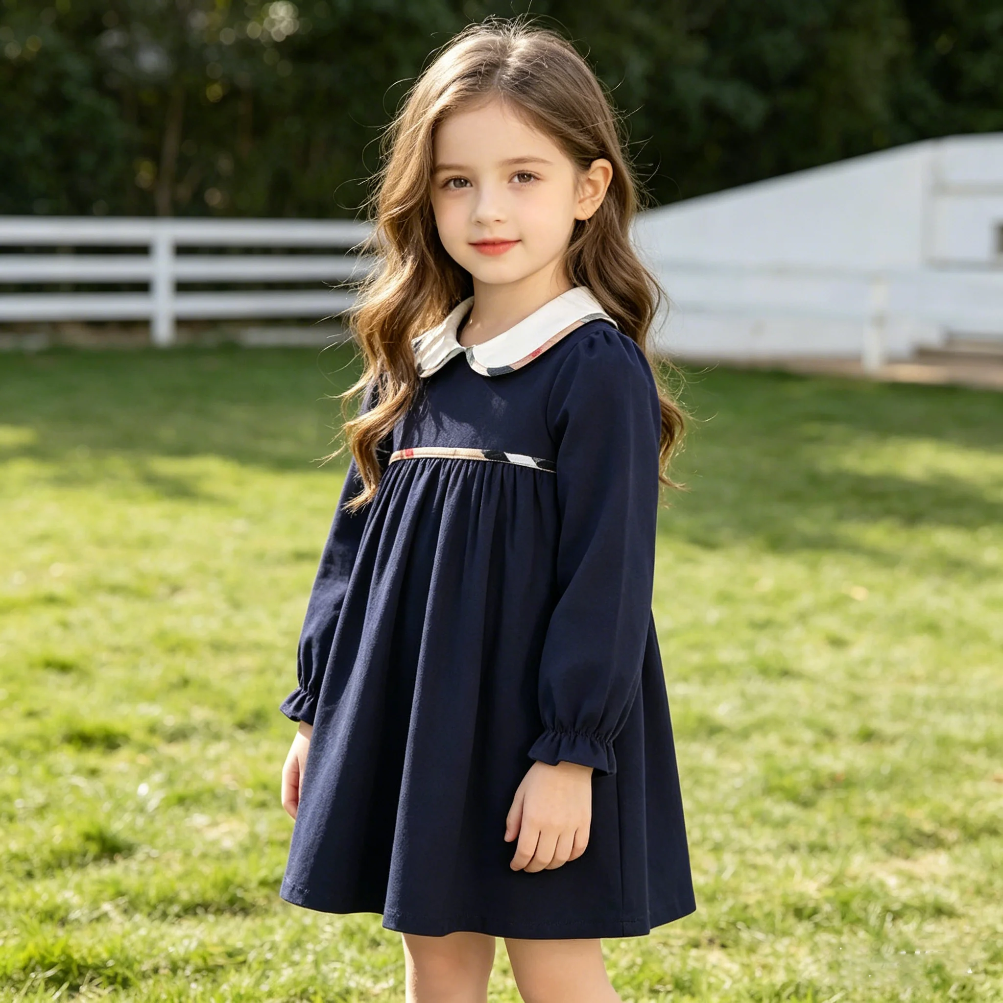 Girls Fall Dress Striped Round-Neck Ruffle Striped Long Sleeve Cotton Linen A-line Dress with Back Buttons for Kids 2-7Years