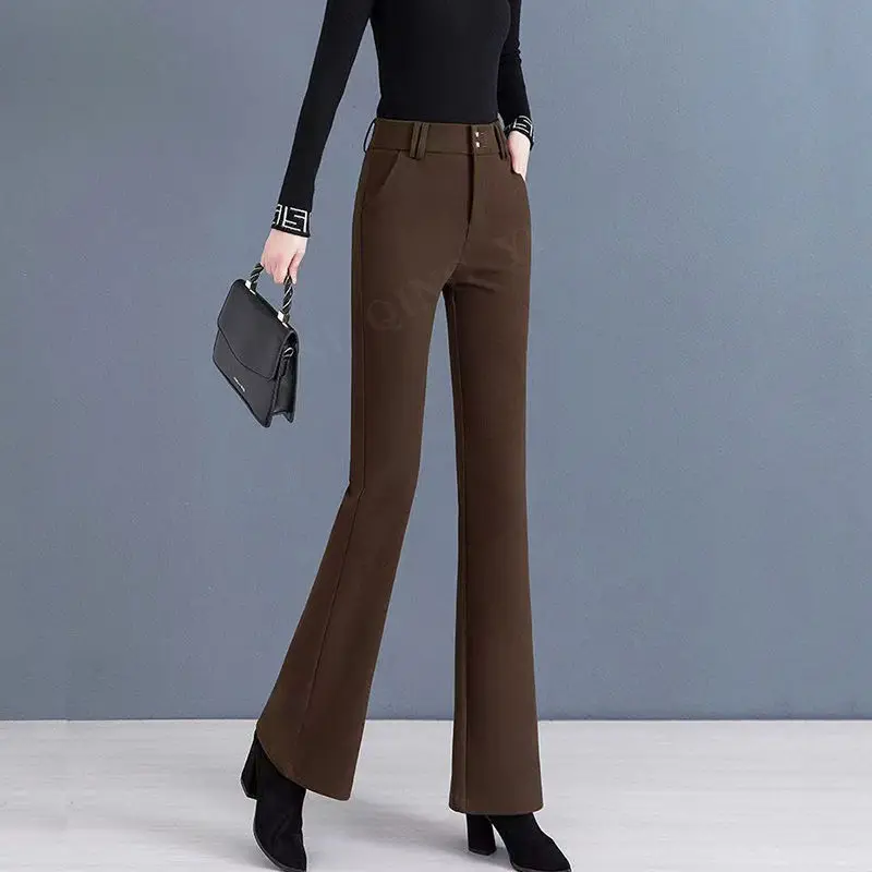 

2023 Fashion Women's Spring Autumn New Pocket High Waist Pants Female Casual Flares Pants Ladies Solid Woolen Trousers O621