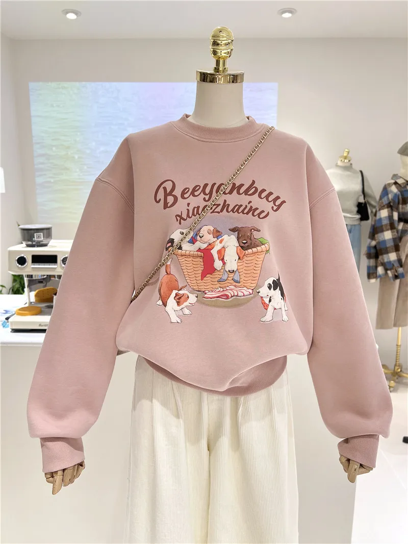 

Корейский теплый свитшот с круглым вырезом и мультяшным принтом собаки, на флисовой подкладке, свободного кроя, для женщин, повседневный, зимний, модный