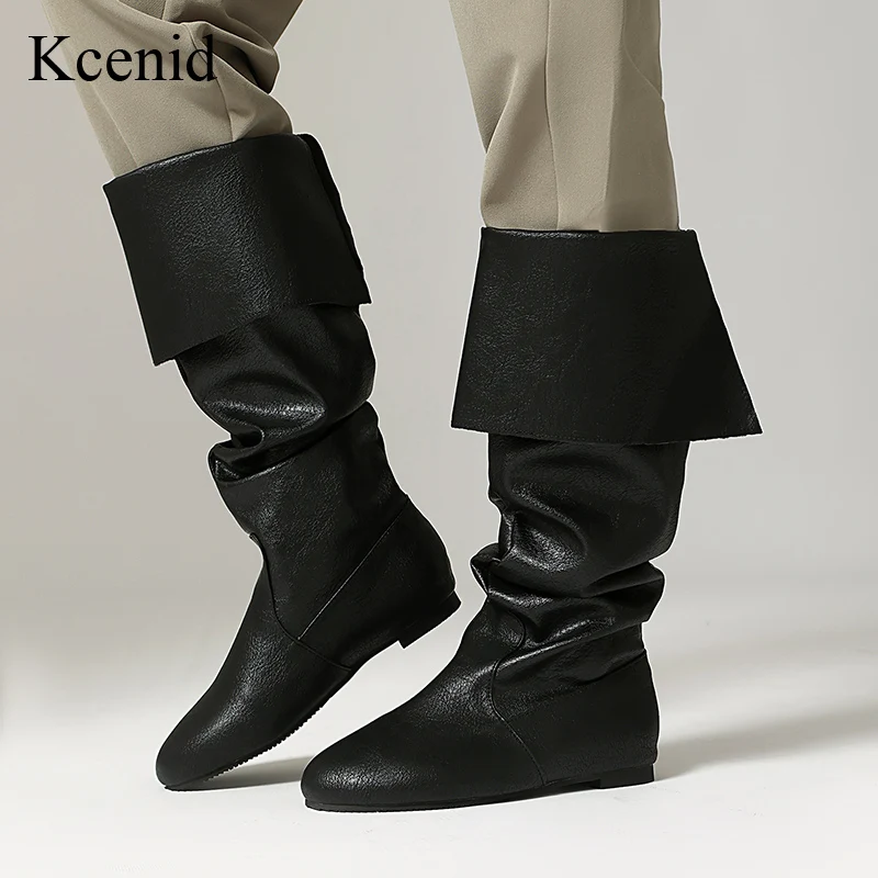 

Kcenid/Новые удобные винтажные сапоги до колена, модные плиссированные высокие сапоги с круглой головкой, увеличивающие рост, большие размеры, осенне-зимние высокие сапоги