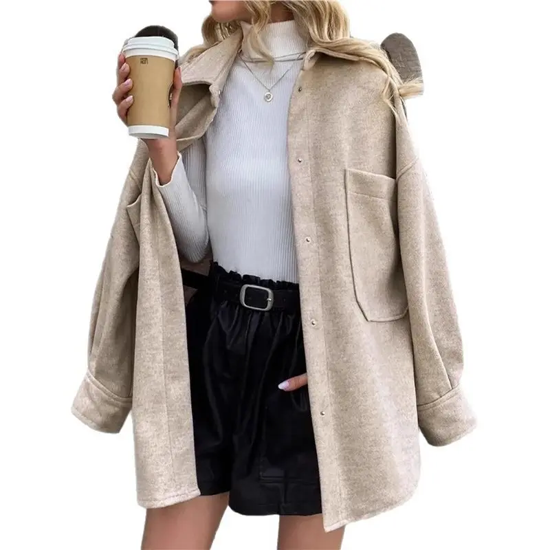 

CYL-Women's Fall Thicken Shirt Jacket Wool Lapel Snap Button Mid Long Casual Work Coat With Pockets