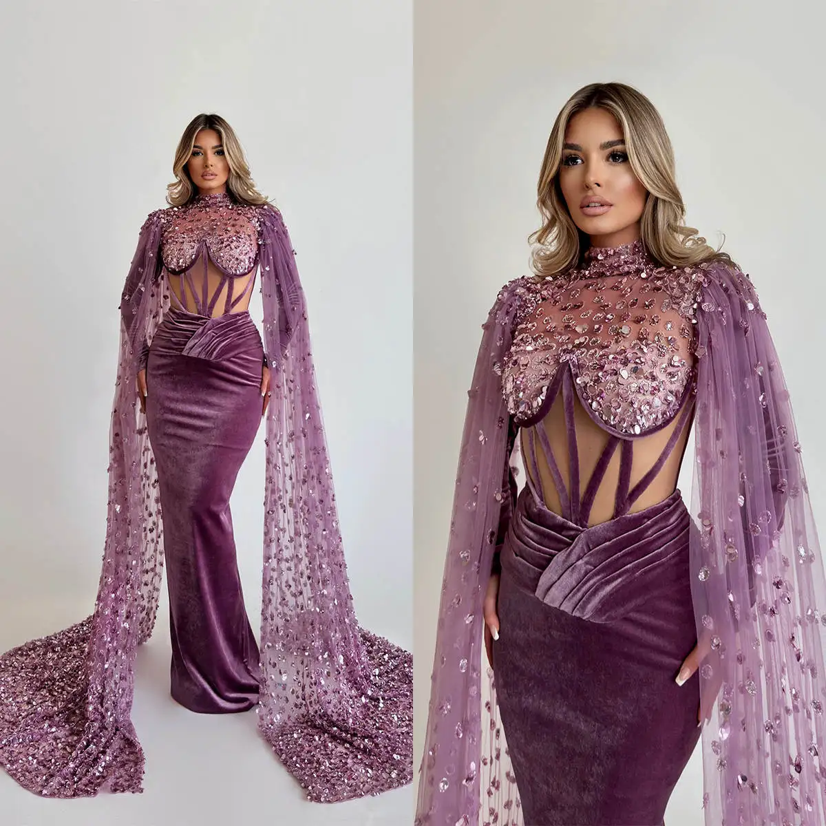 Luxury Evening Dresses Mermaid High Neck Sequins Pleat Long Sleeve Gorgeous Prom Gown Party Dress Vestido De Noite Custom Made