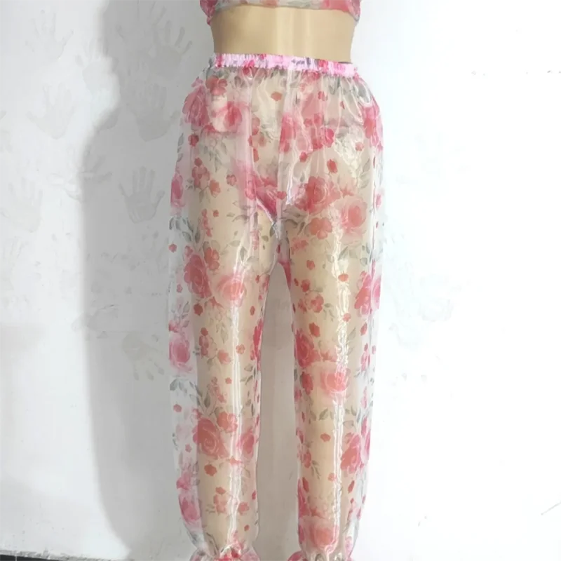 

Men High Gloss Flowers Double Layered Organza See Through Pants Women Erotic Ruffled Lantern Pants Loose Plus Size Trousers