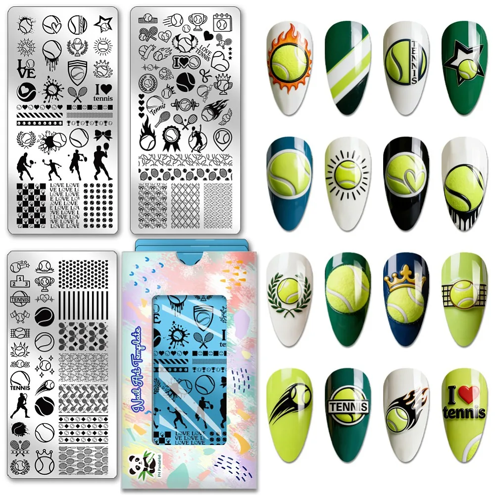 3pcs Tennis Nail Stamping Plate Sports Theme Nail Art Templates Tennis Racket Manicure Design Stencils Ball Trophy Nails Image