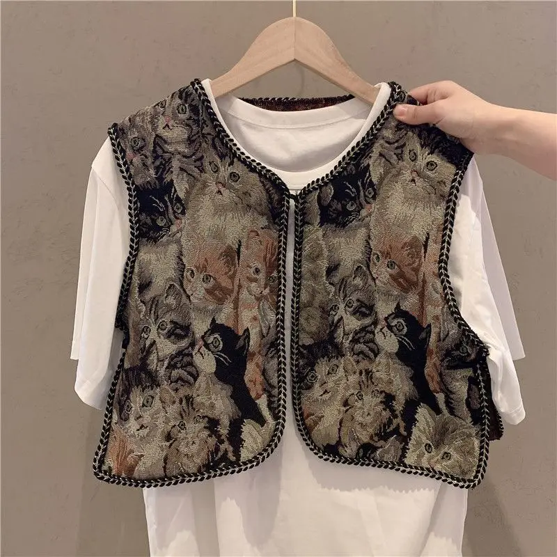 Spring Ethnic Style Womens Embroidered Vest Cardigan Waistcoat