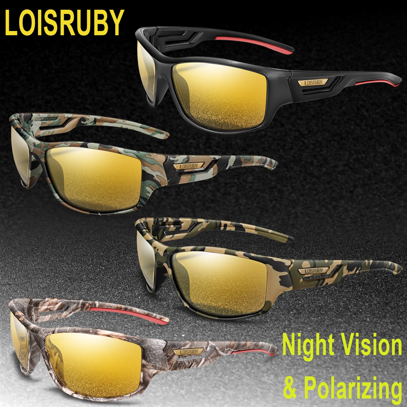 LOISRUBY 4 Paar Camouflage Polarisierende Nachtsicht UV400 Männer Frauen Nachtangeln Sonnenbrillen für Outdoor-Sportarten Radfahren, Laufen
