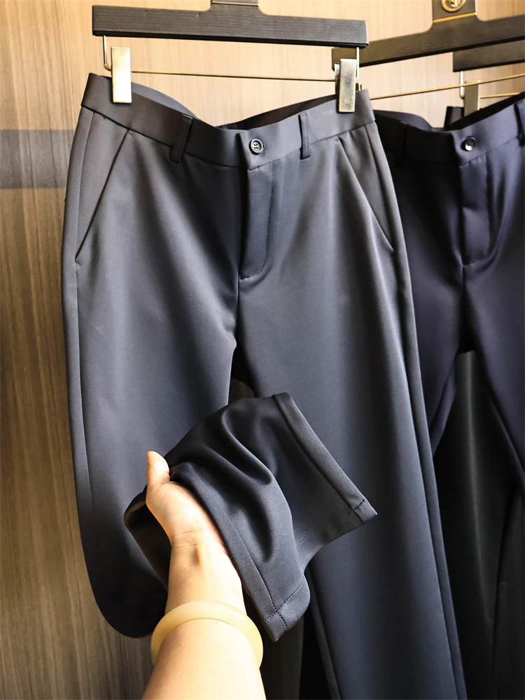 

Busin Casual Straight Leg Men's Pants Pure Color Trousers Autumn Winter Polyester Spandex Elastic Waist Dr Trousers