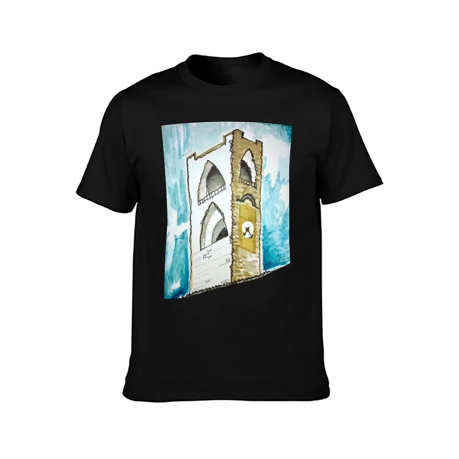 Watercolour of an Italian Clock Tower in Bergamo T-Shirt Relaxed Casual Short Sleeve Tee T-Shirt
