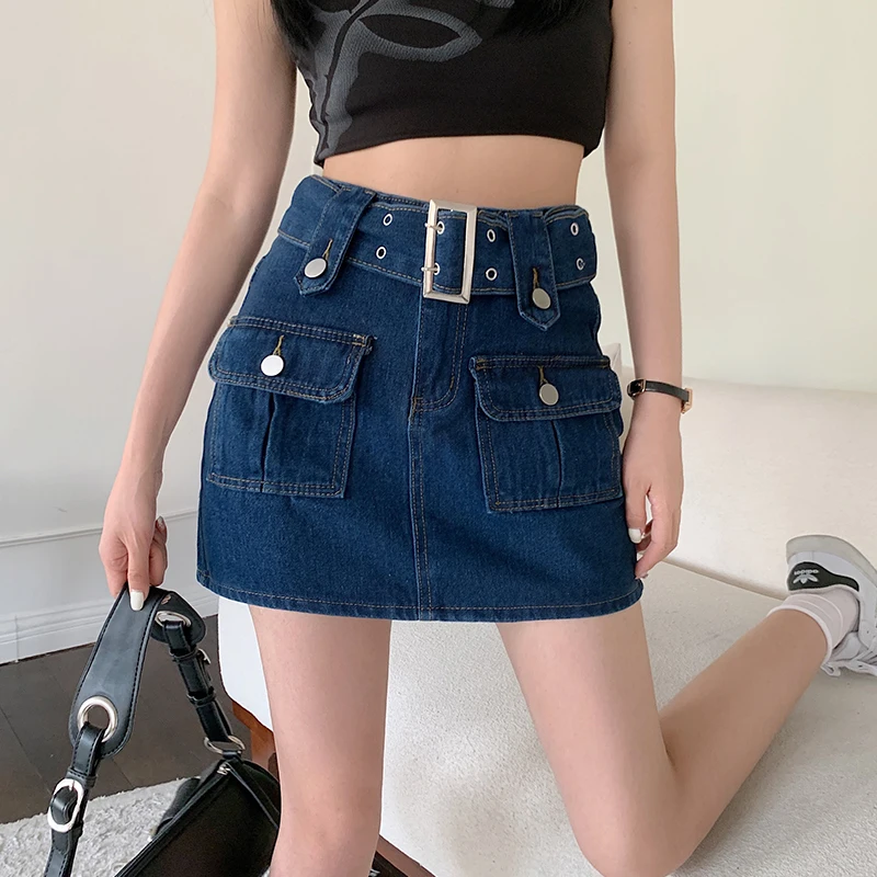 

Gidyq Y2K Women High Waist Denim Skirts Korean Retro Belt Mini Skirts Summer Casual Female Streetwear A Line Jeans Skirts