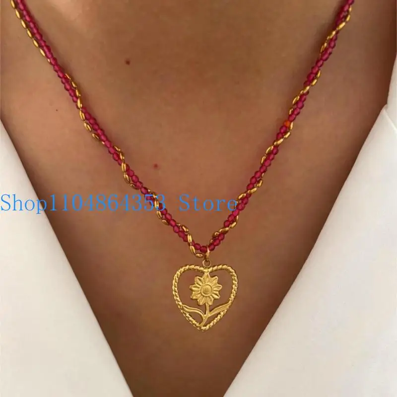 652F Stylish Crystal Embellished Heart Flower Grape Stainless Steel Chain Necklace