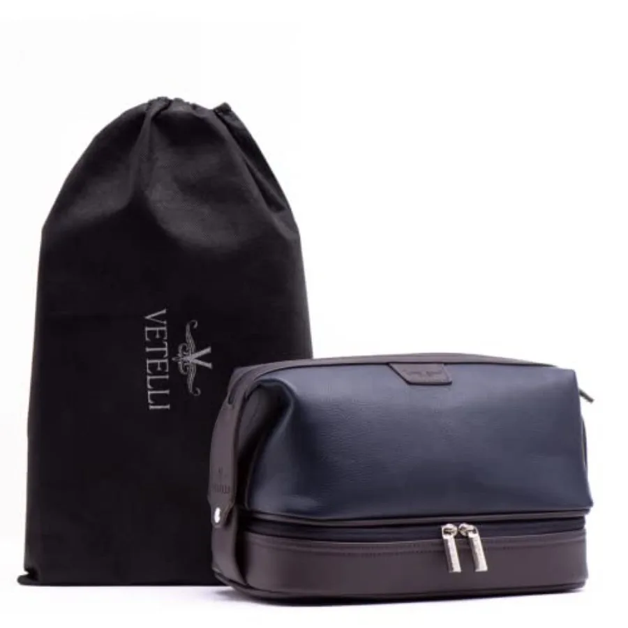 

Large Leather Men's Travel Toiletry and Shaving Case Bag with Upper and Lower Zippered Compartments 3 Interior Loops
