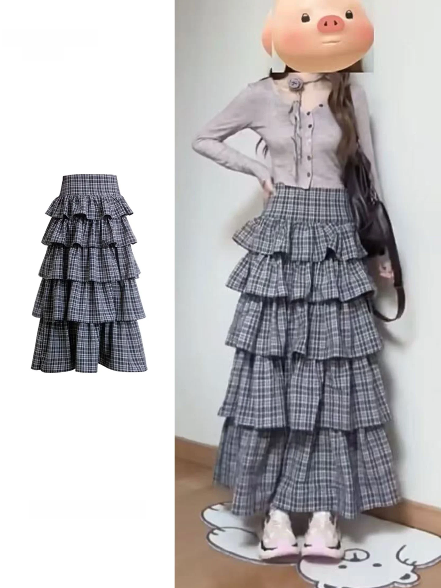 plus Size Women's Plaid Fluffy  Skirt Casual Style mid Waist Elastic Waist Cake Skirt Trendy Design Slimming Effect
