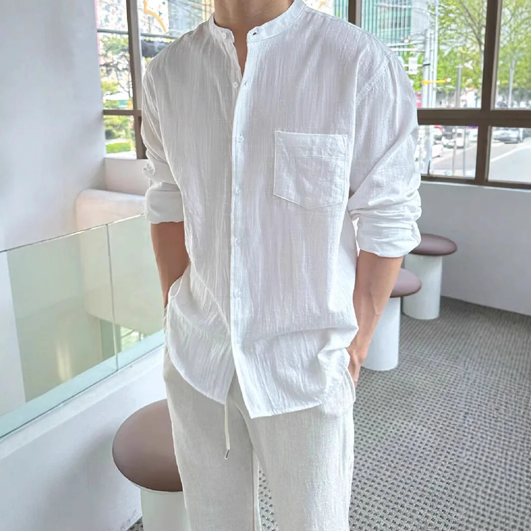 

2026 New Men's Stand Collar Linen Cotton Wrinkle Shirt Lazy Slim Fit Long Sleeve Sun Protection Cardigan Breathable Work Shirt