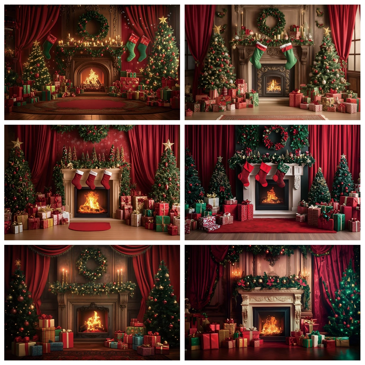 

Christmas Fireplace Photography Background New Year Xmas Trees Red Curtain Wreath Gift Decor Adult Child Portrait Photo Backdrop