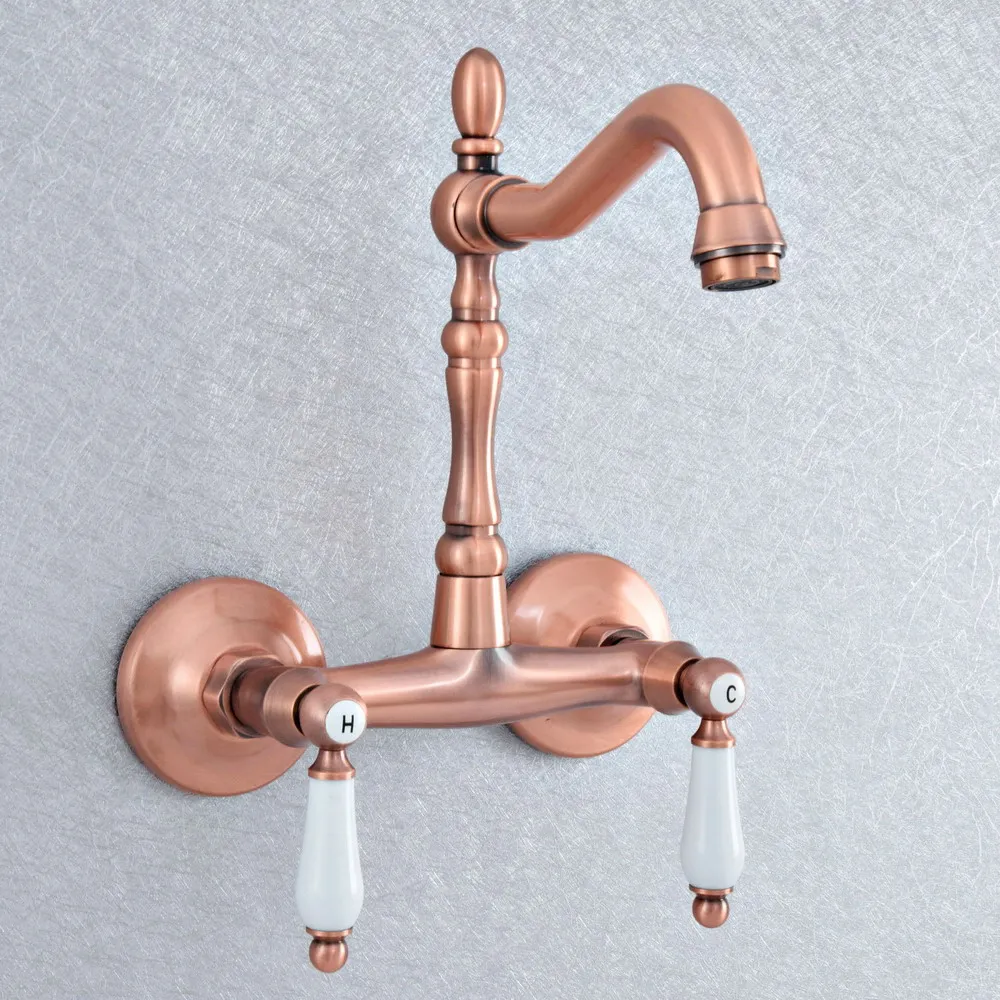 

Antique Red Copper Brass Wall Mounted Kitchen Wet Bar Bathroom Vessel Basin Sink Hot Cold Mixer Tap Swivel Spout Faucet msf897