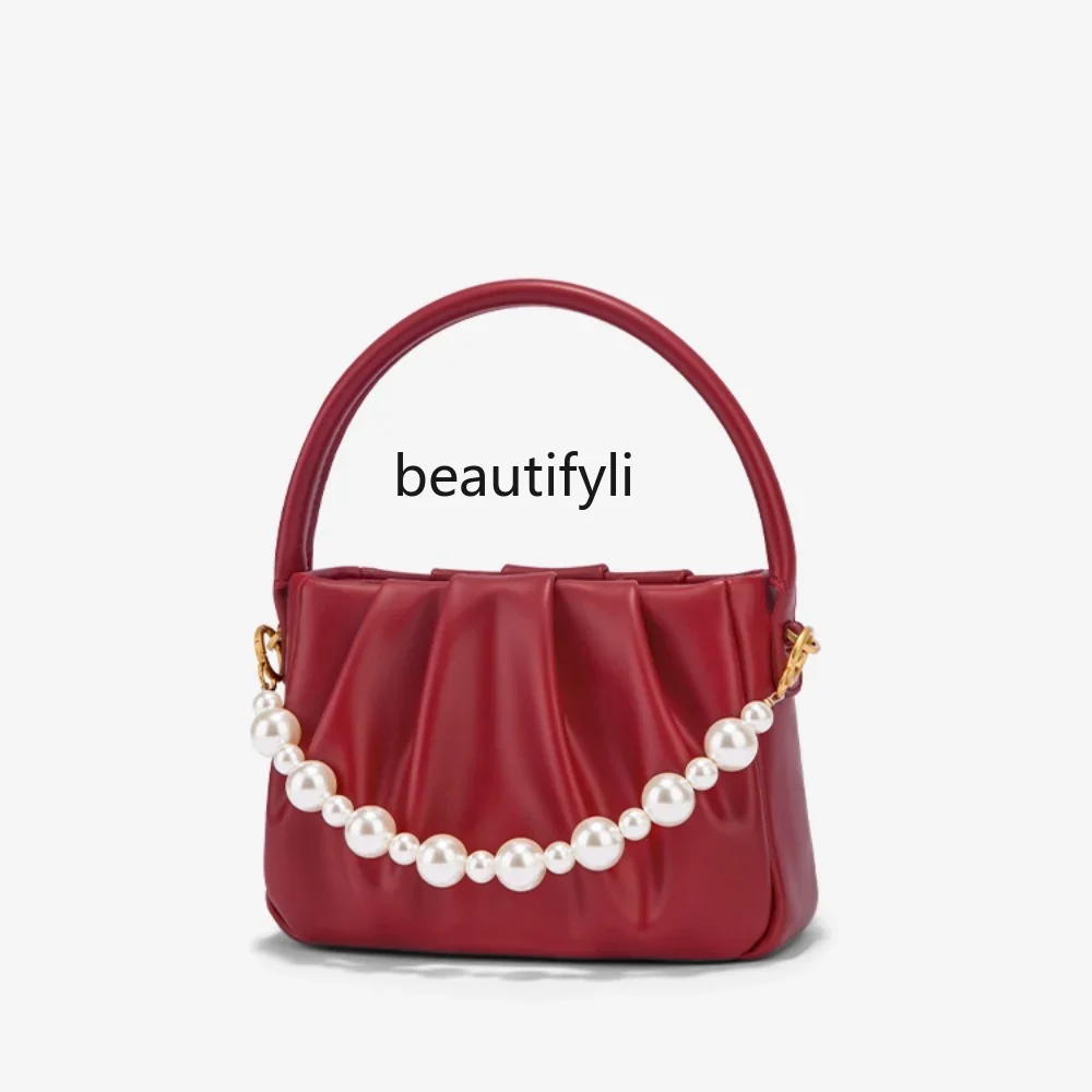 yj Vegetable Basket Bag Texture Pearl Chain Bag Women's Exquisite Pleated Portable Crossbody Wedding Bag