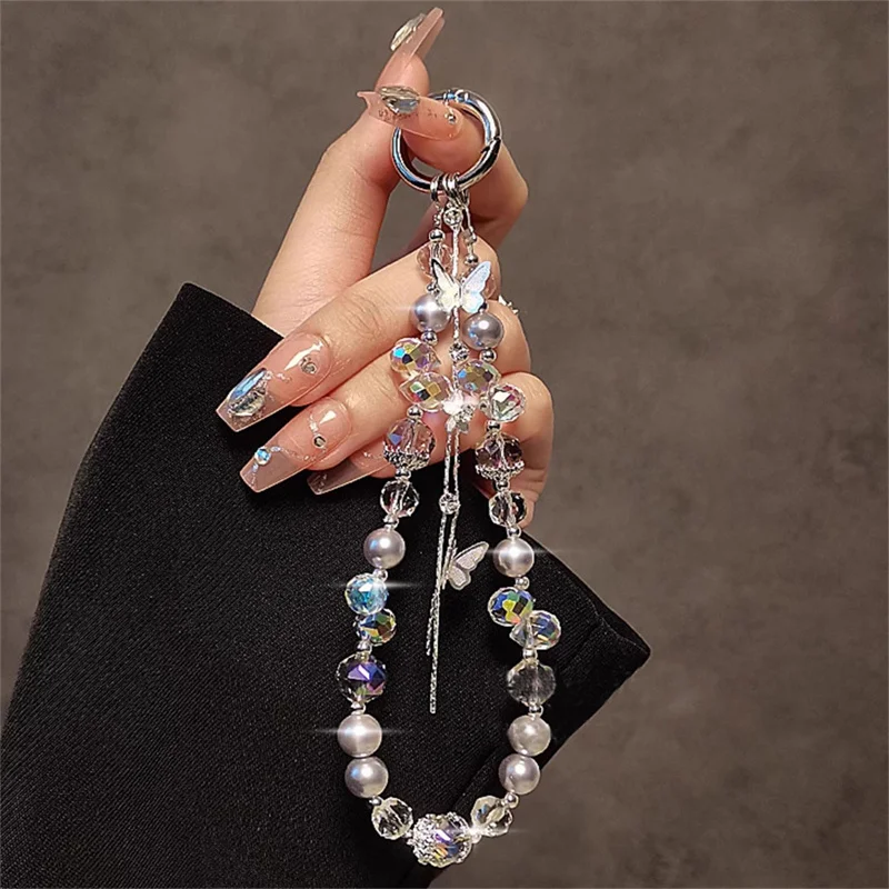 Luxury Sparkle Butterfly Rhinestone Bead Phone Bracelet Strap Charm Chain Knot Cellphone Lanyard Keychain Bag Camera Keychain Pe